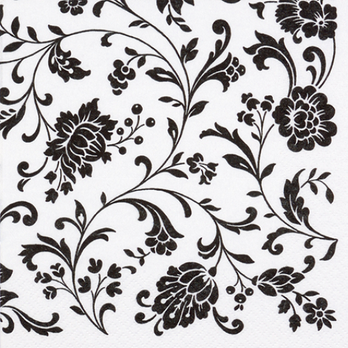 Blumenranke weiß-schwarz  - Servietten 24x24 cm